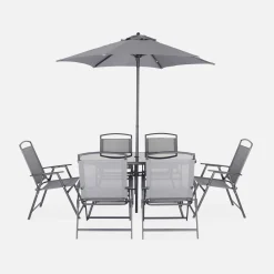6-seater metal dining set with foldable chairs and parasol