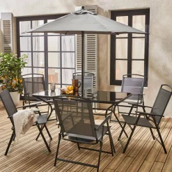6-seater metal dining set with foldable chairs and parasol
