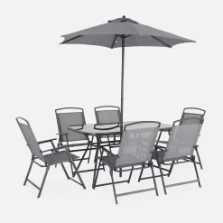 6-seater metal dining set with foldable chairs and parasol