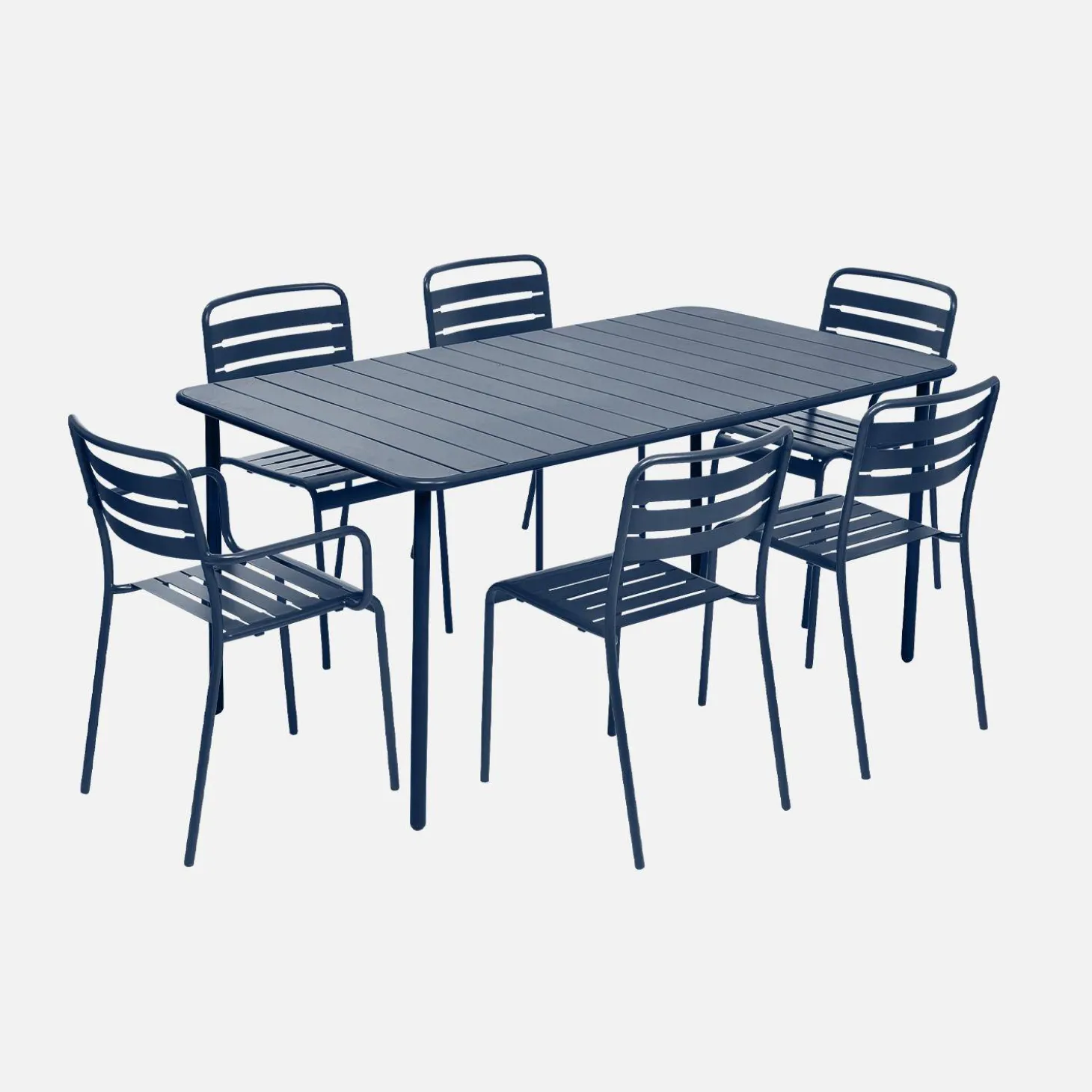 6-seater metal garden table with 2 armchairs and 4 chairs