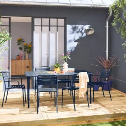 6-seater metal garden table with 2 armchairs and 4 chairs