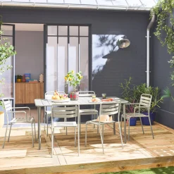 6-seater metal garden table with 2 armchairs and 4 chairs