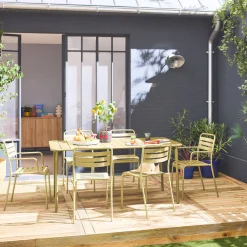 6-seater metal garden table with 2 armchairs and 4 chairs