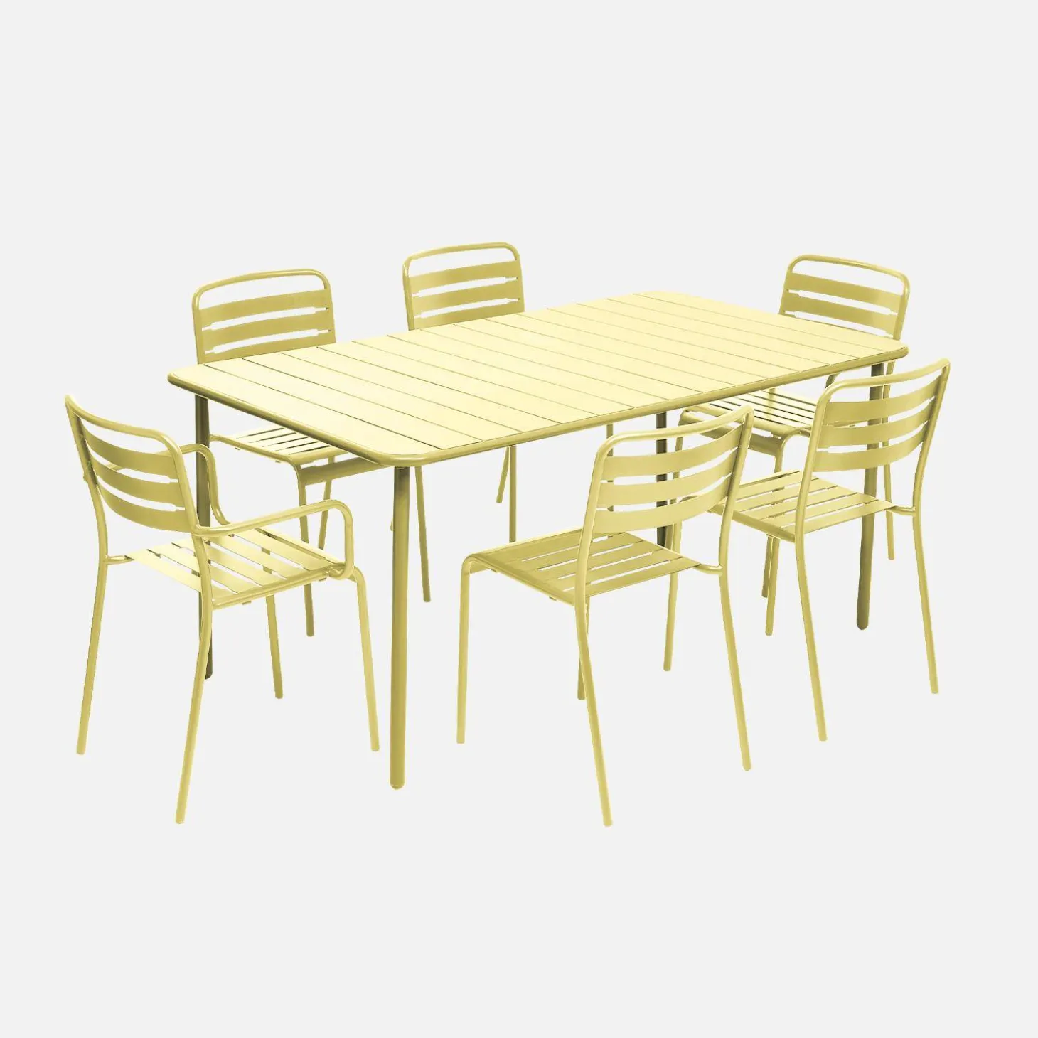 6-seater metal garden table with 2 armchairs and 4 chairs