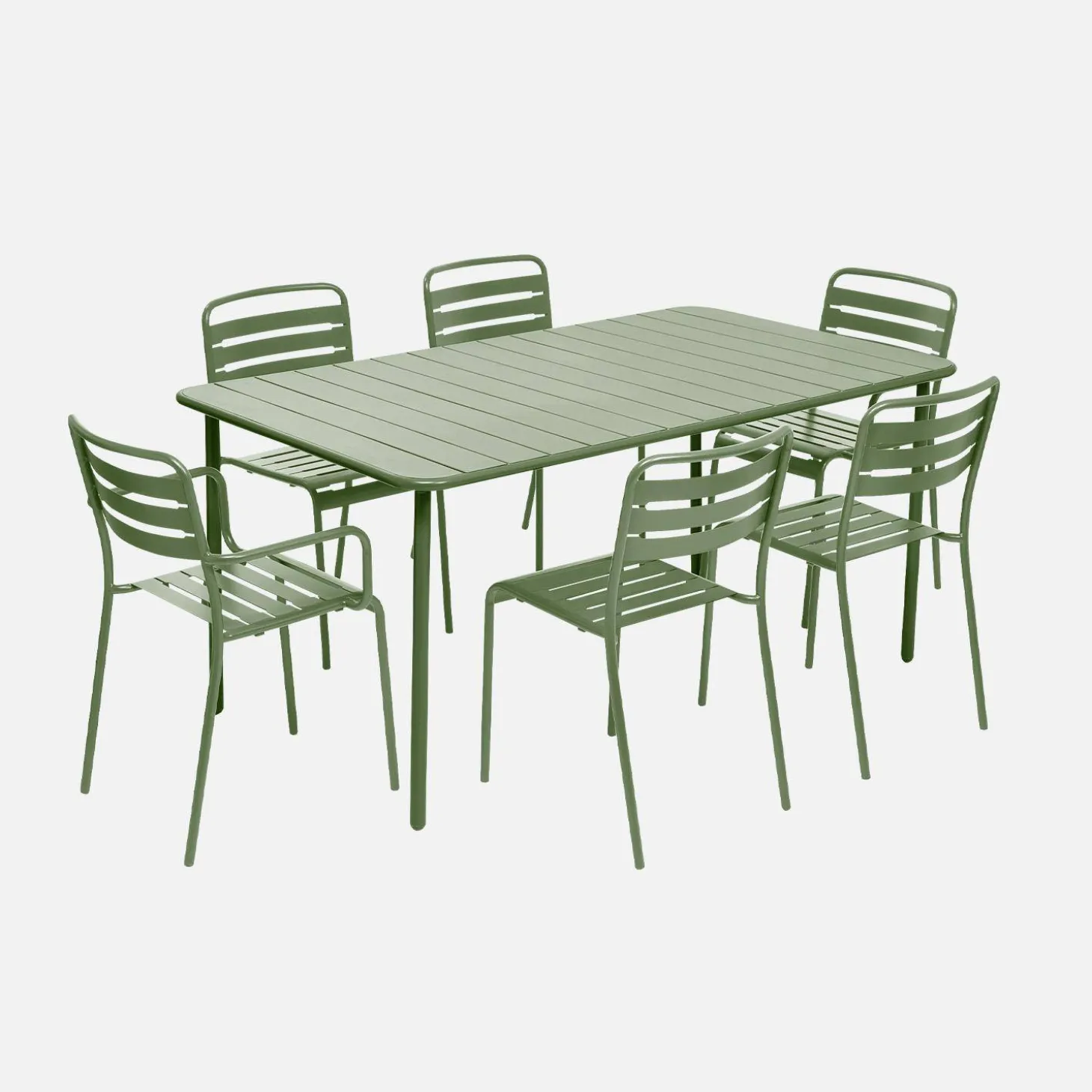 6-seater metal garden table with 2 armchairs and 4 chairs