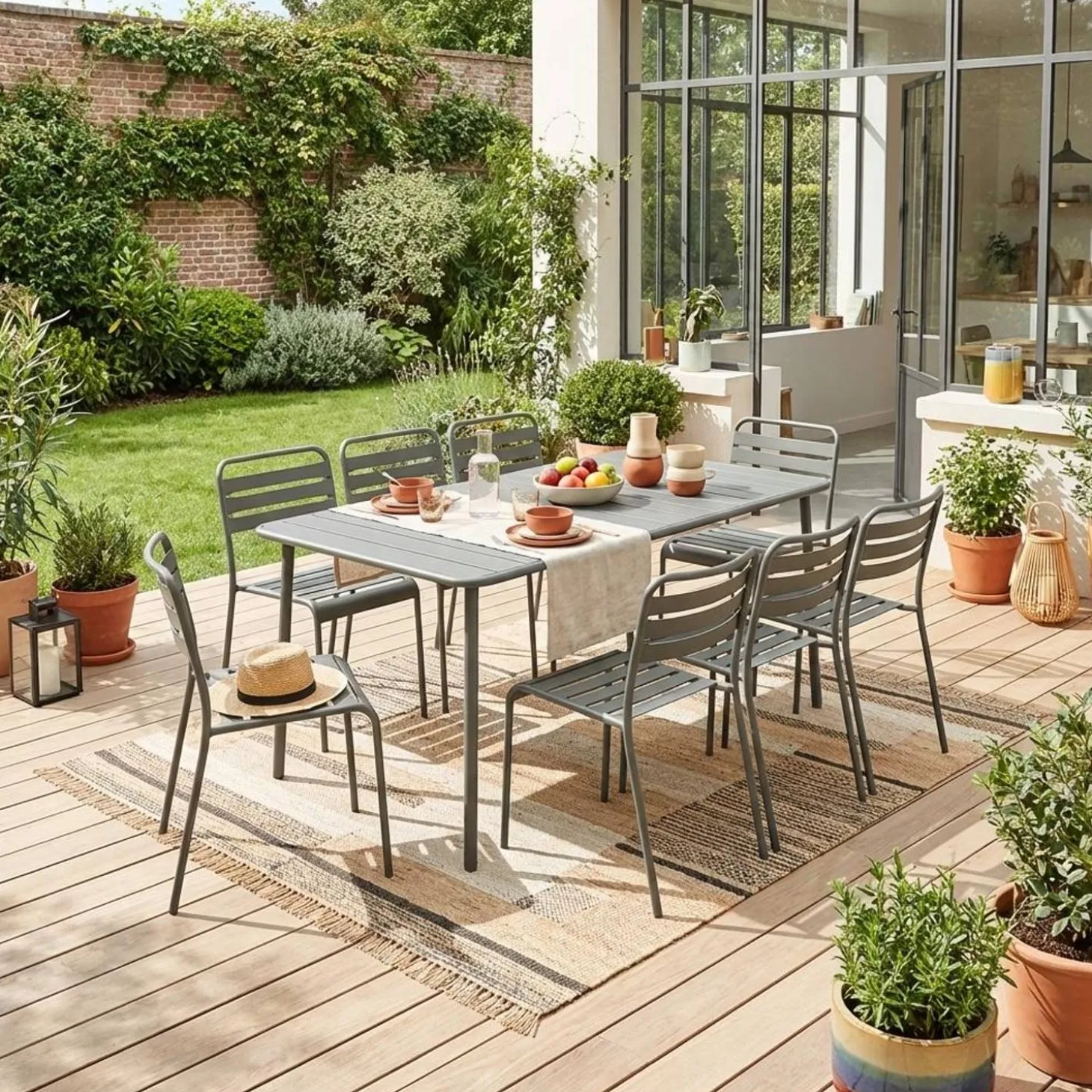 8-seater metal garden table with 8 chairs