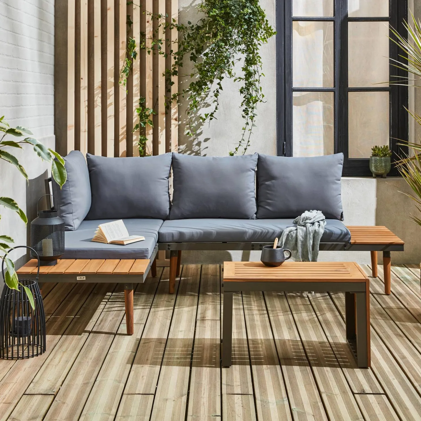 4-seater modular aluminium and acacia garden lounge set