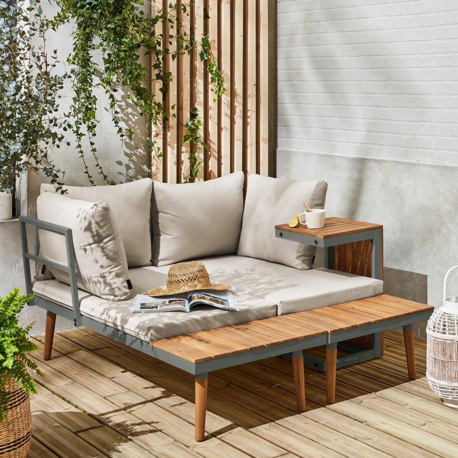 4-seater modular aluminium and acacia garden lounge set