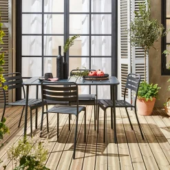 4-seater rectangular steel garden table with 4 chairs