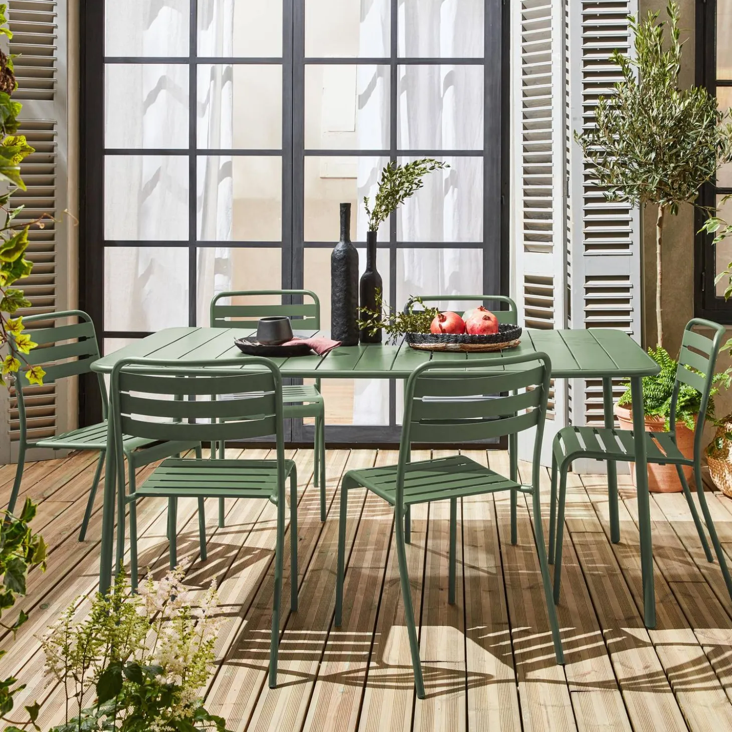 6-8 seater rectangular steel garden table set with 6 chairs