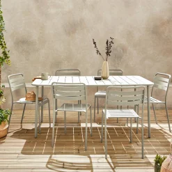 6-8 seater rectangular steel garden table set with 6 chairs