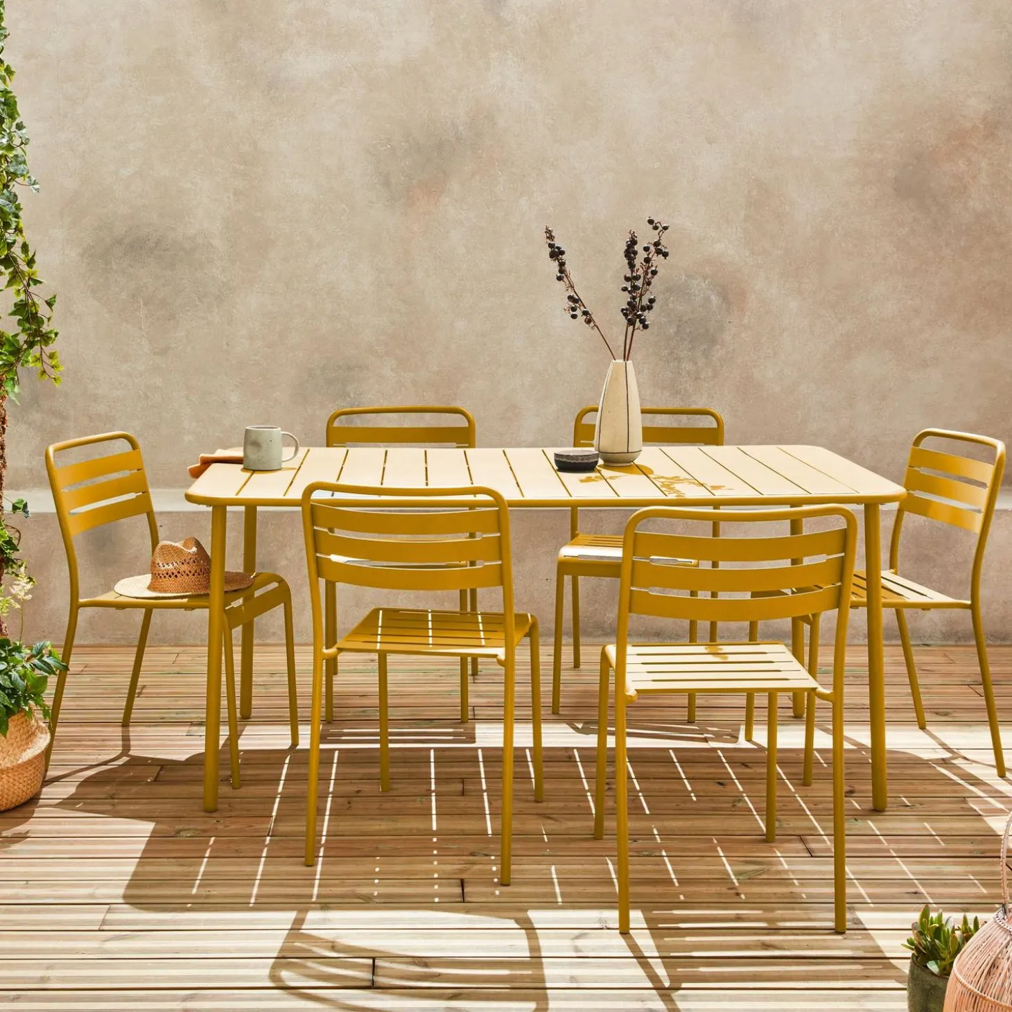 6-8 seater rectangular steel garden table set with 6 chairs