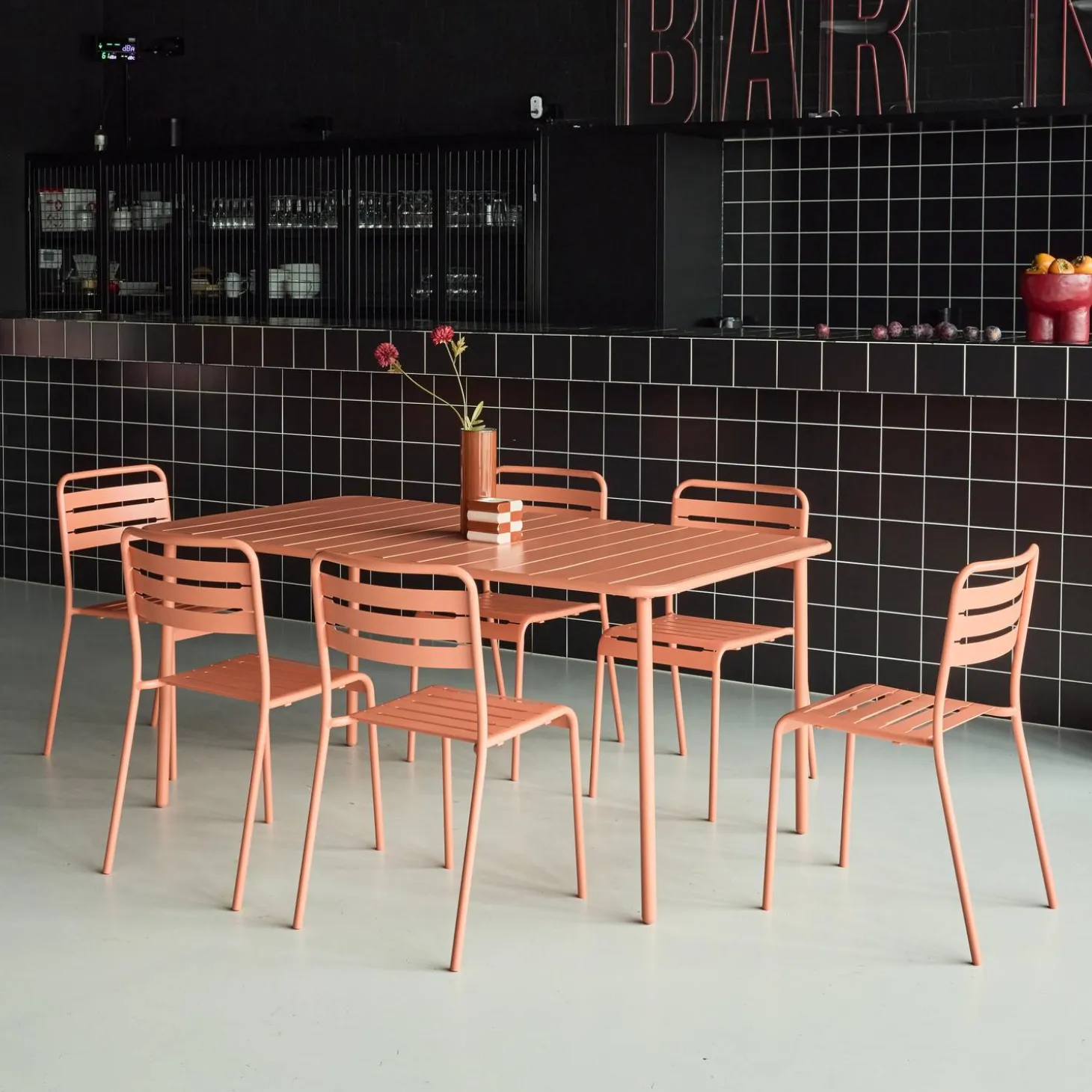 6-8 seater rectangular steel garden table set with 6 chairs