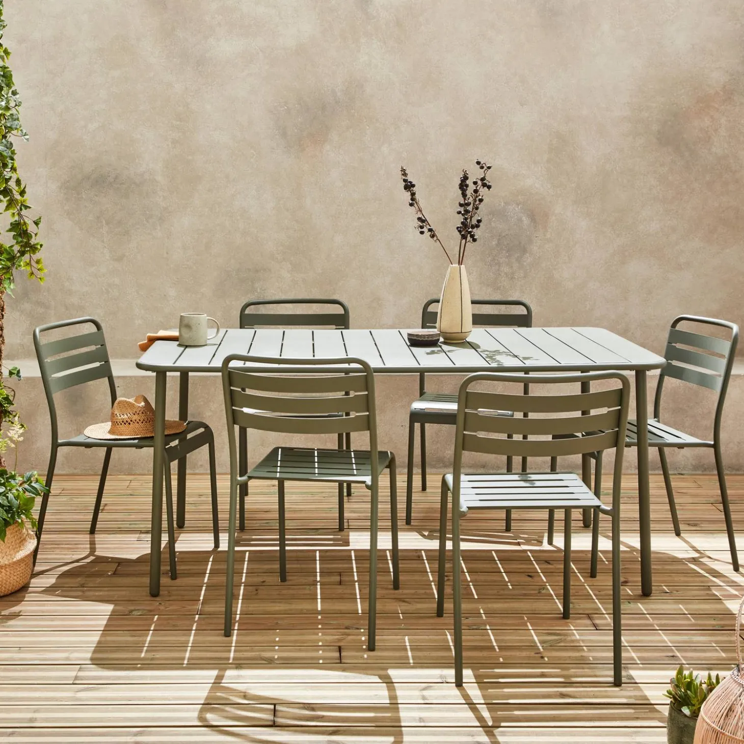6-8 seater rectangular steel garden table with chairs