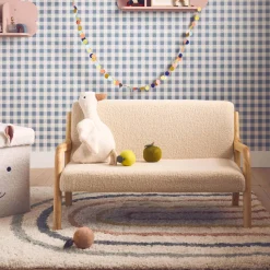 2-seater Scandinavian children's bench in wood and bouclette fabric
