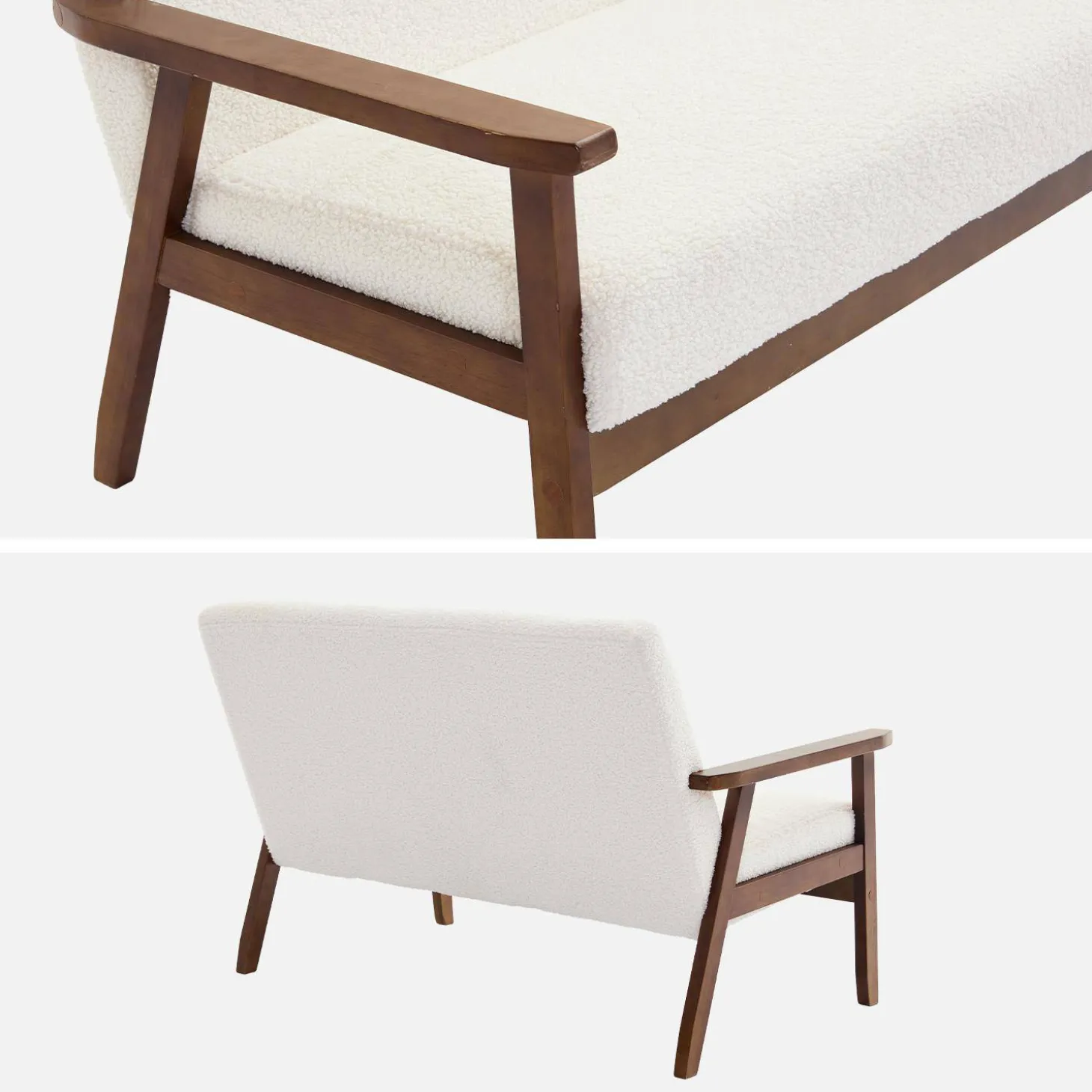 2-seater scandi-style sofa in boucle, light walnut stained legs
