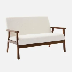 2-seater scandi-style sofa in boucle, light walnut stained legs
