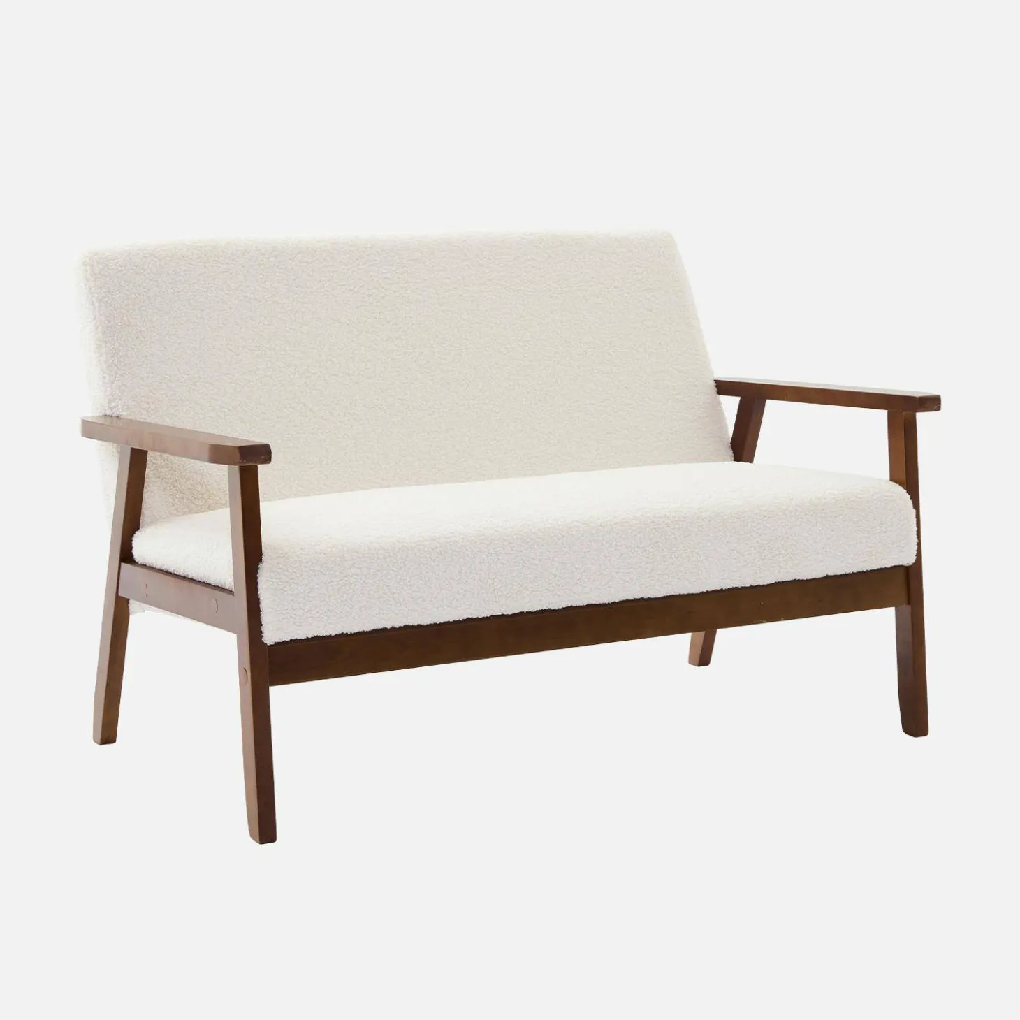2-seater scandi-style sofa in boucle, light walnut stained legs