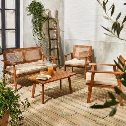 4-seater wooden and cane rattan garden sofa set