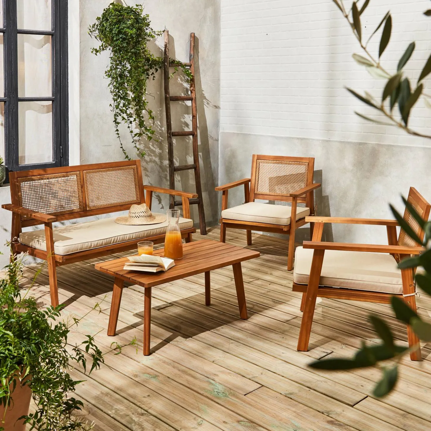 4-seater wooden and cane rattan garden sofa set