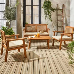 4-seater wooden and cane rattan garden sofa set