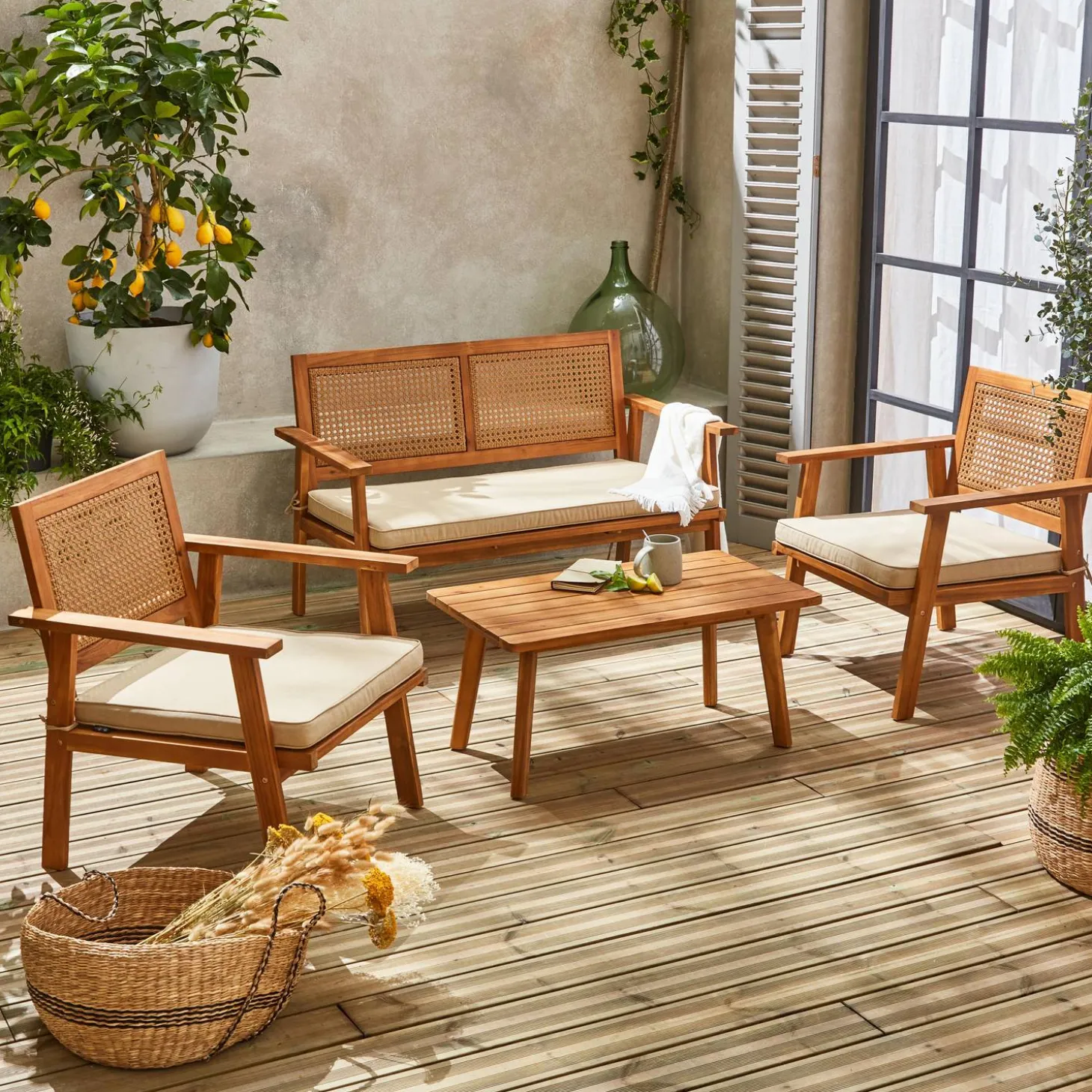 4-seater wooden and cane rattan garden sofa set
