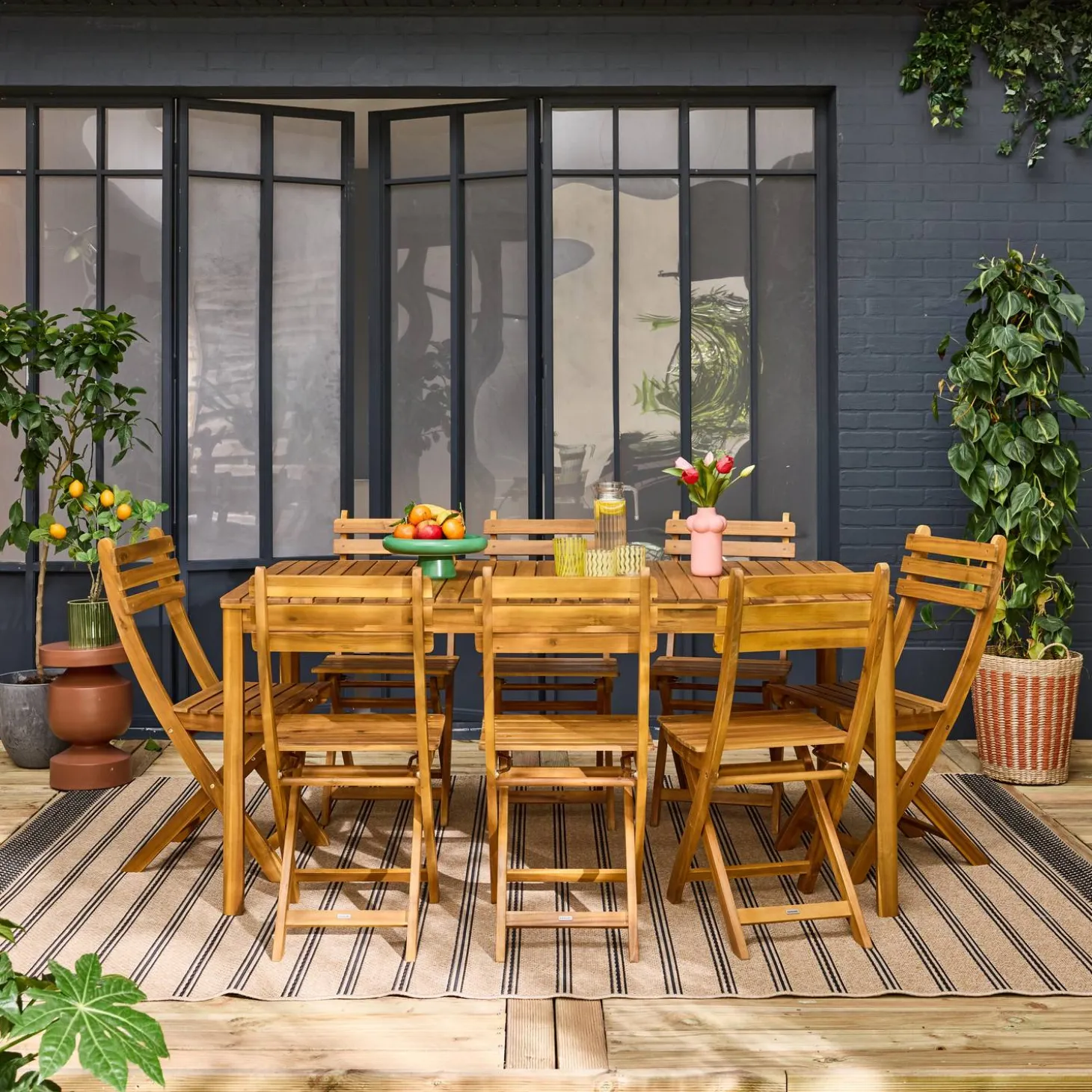 8-seater wooden garden table with rounded corners