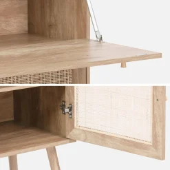 Secretary desk with wood decor, cane and 2 doors