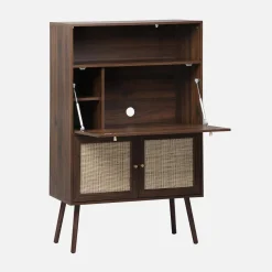 Secretary desk with wood decor, cane and 2 doors