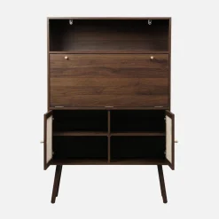 Secretary desk with wood decor, cane and 2 doors