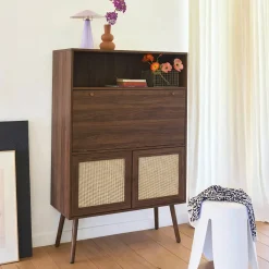 Secretary desk with wood decor, cane and 2 doors