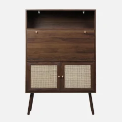 Secretary desk with wood decor, cane and 2 doors