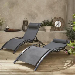 Set of 2 aluminium and textilene sun loungers, 4 reclining positions
