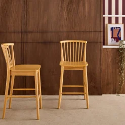 Set of 2 bar stools with slatted back, rubberwood