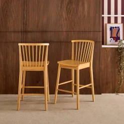 Set of 2 bar stools with slatted back, rubberwood