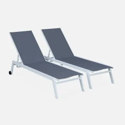 Set of 2 multi-position aluminium sun loungers with wheels