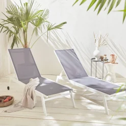 Set of 2 multi-position aluminium sun loungers with wheels
