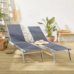 Set of 2 multi-position aluminium sun loungers with wheels