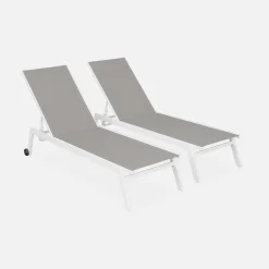 Set of 2 multi-position aluminium sun loungers with wheels