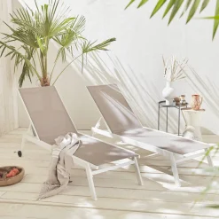 Set of 2 multi-position aluminium sun loungers with wheels