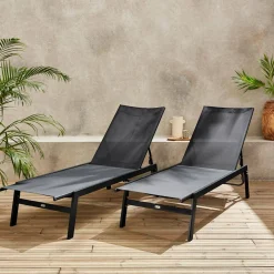 Set of 2 multi-position deckchairs, textilene and steel