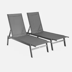 Set of 2 multi-position deckchairs, textilene and steel
