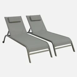 Set of 2 multi-position steel sun loungers with cushion and wheels