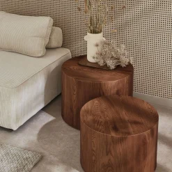 Set of 2 round nesting coffee tables wood effect