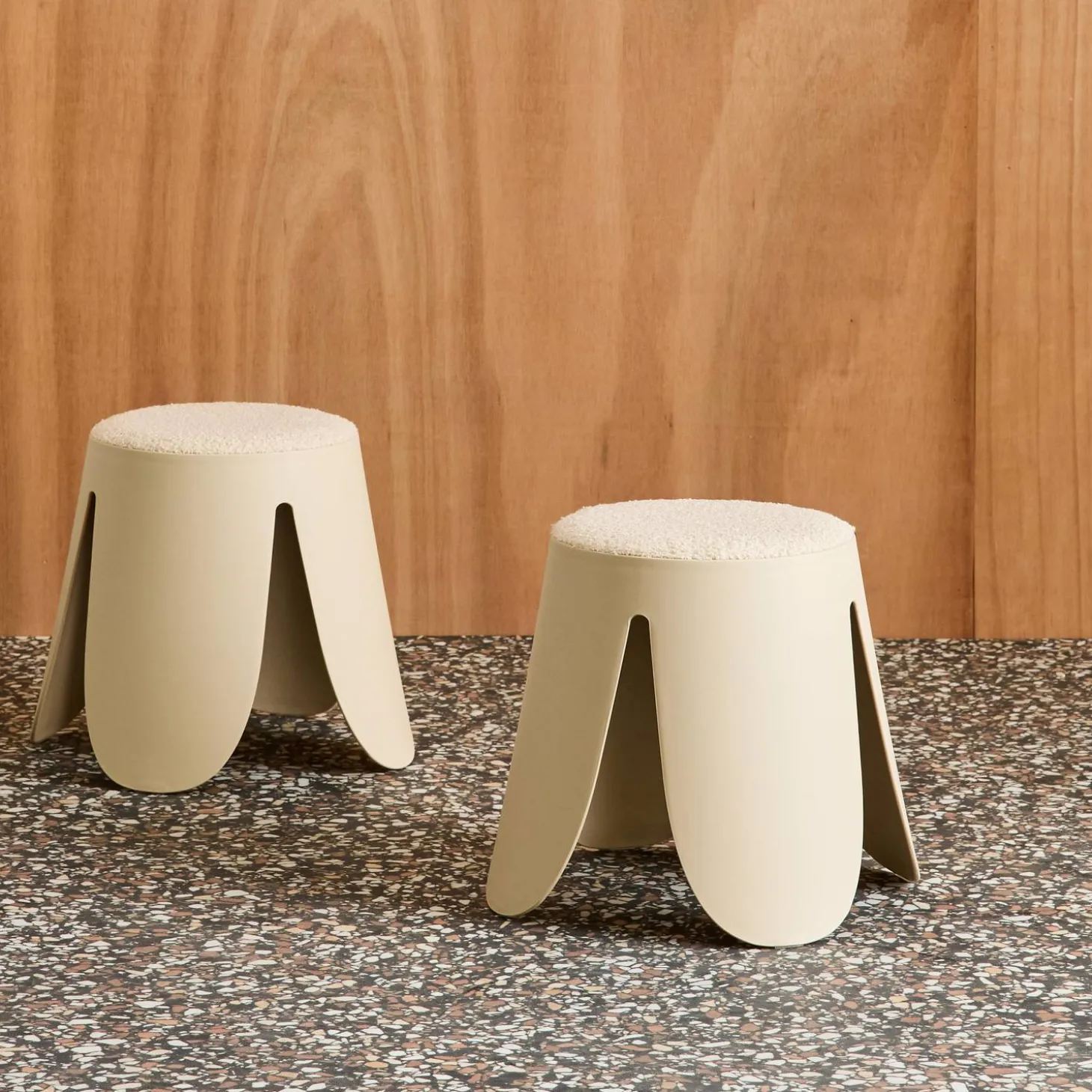 Set of 2 stackable children's stools in polypropylene and textured boucle