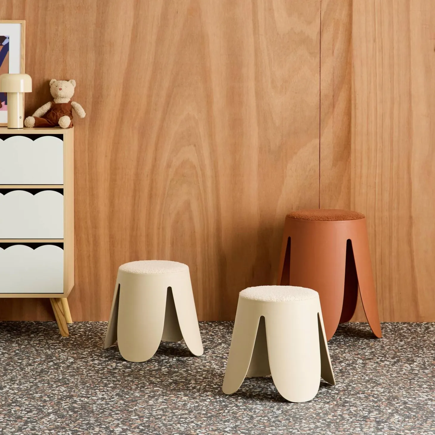 Set of 2 stackable children's stools in polypropylene and textured boucle
