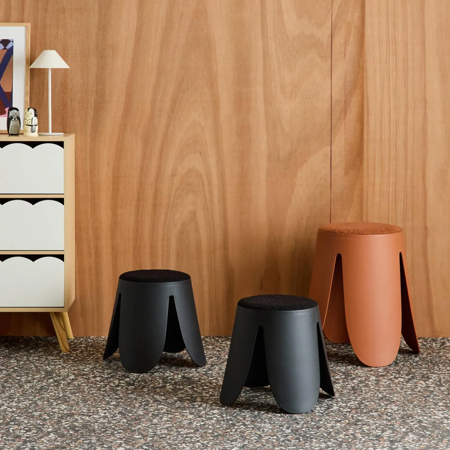 Set of 2 stackable children's stools in polypropylene and textured boucle