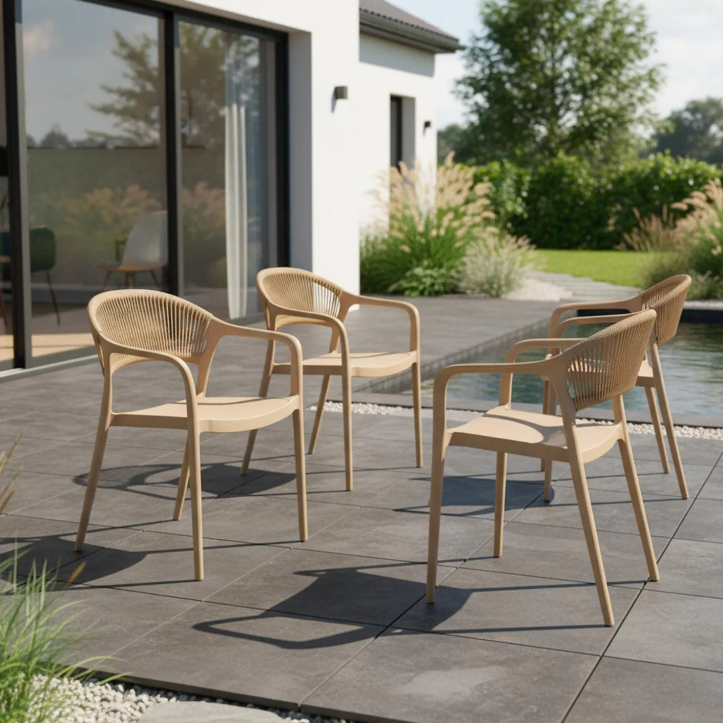 Set of 4 stackable garden chairs with rope effect