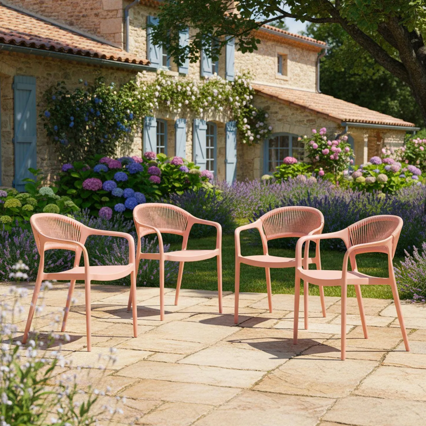 Set of 4 stackable garden chairs with rope effect