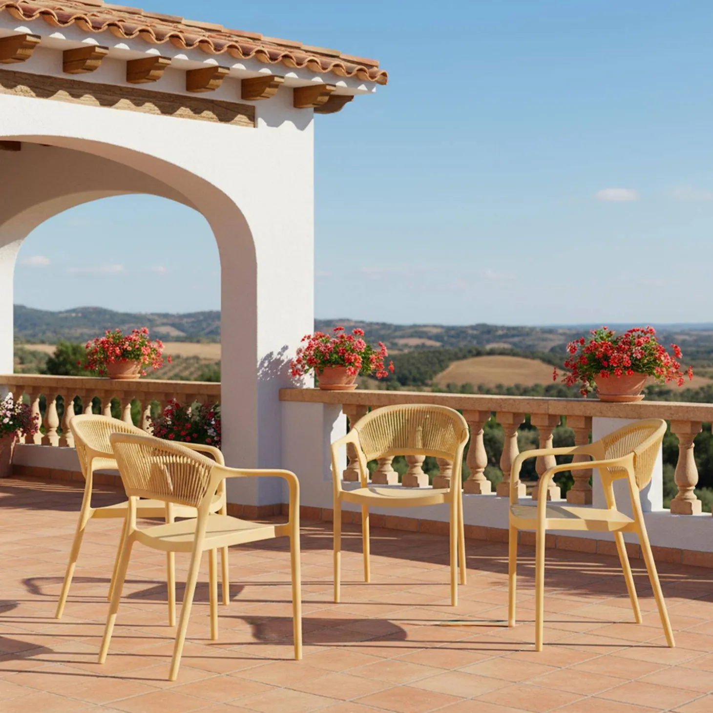 Set of 4 stackable garden chairs with rope effect